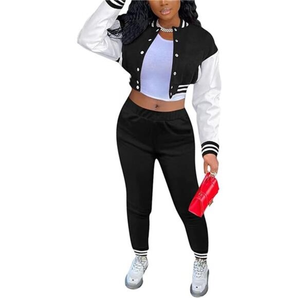Jackets & Blazers - Women Varsity Sweatsuit Button Down 2 Piece Outfit Slim Tracksuit Set